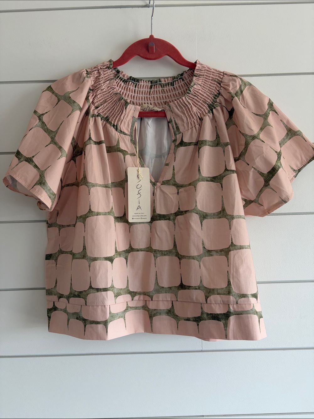 Sofia Made in Italy Pink & Green Patterned Smocked Neck Blouse NWT Size Large